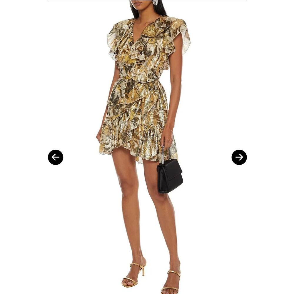 DUNDAS | Ruffled Metallic Jacquard Wrap Mini Dress Gold Size IT 38 US 2